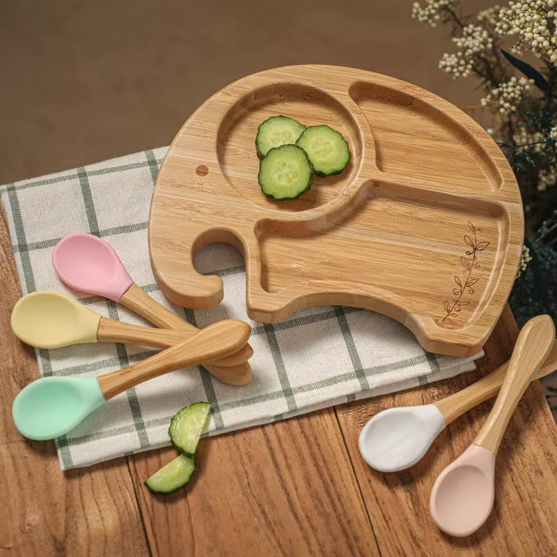 1PC Bamboo Wooden Dinnerware Baby Feeding Accessories Cartoon Animals Elephant Dinner Plate with Sucker Baby Products Gifts
