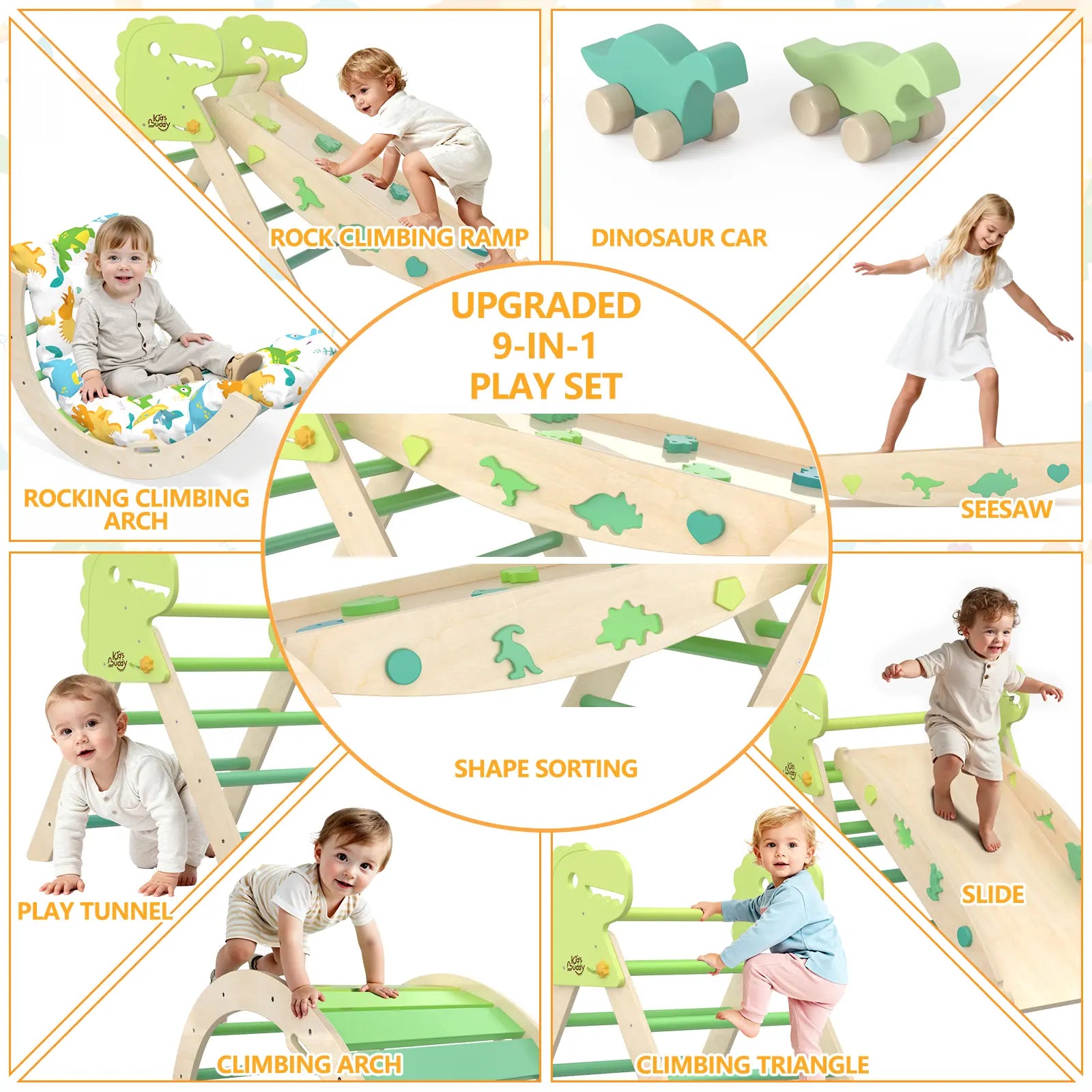 Pikler Triangle Set with Cushion - 9-in-1 Climbing Toys for Toddlers Aged 1-3, Indoor Montessori Playground with Maze, Shape Sorting Game, and Dinosaur Car