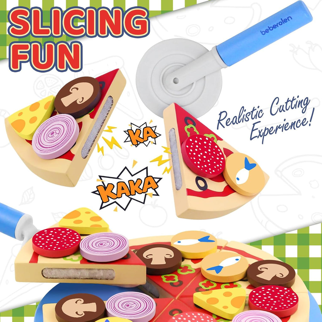 Wooden Pizza Toy Cutting Play Food Set Pretend Play | Kitchen Accessories Wood Cooking Toys for 3 4 5 Year Old Boys Girls