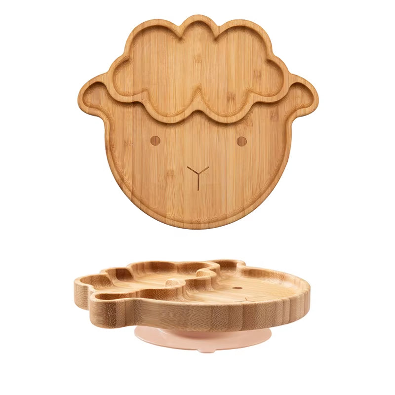 1PC Bamboo Wooden Dinnerware Baby Feeding Accessories Cartoon Animals Elephant Dinner Plate with Sucker Baby Products Gifts