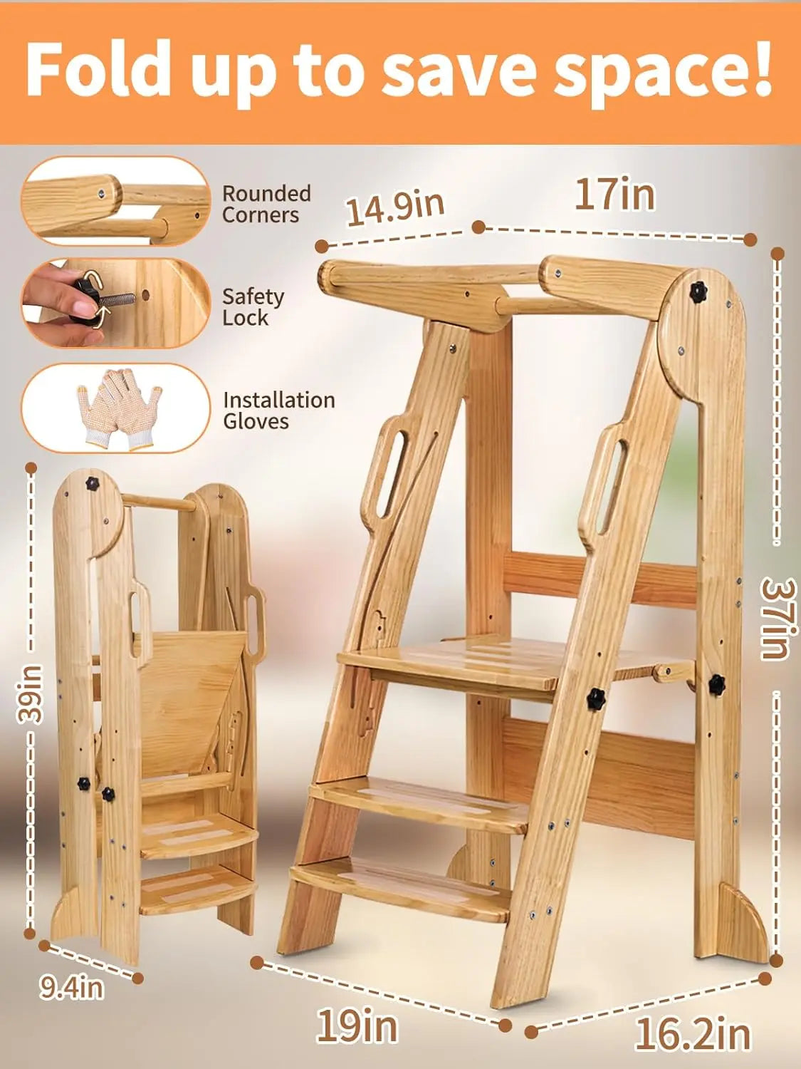 Adjustable Montessori Toddler Tower with Chalkboard - Foldable Step Stool for Ages 3-6
