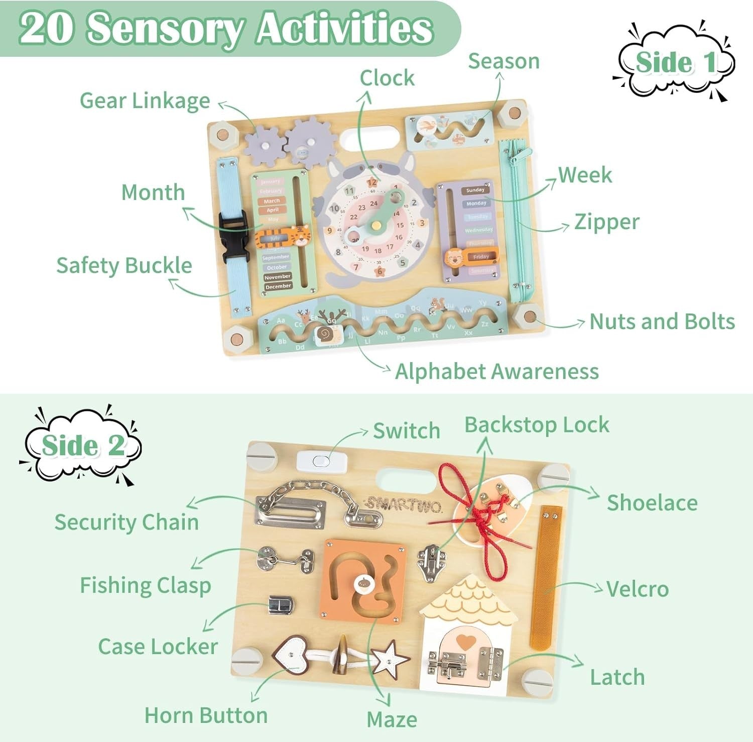 Double Sided Montessori Busy Board for Toddlers Wooden Sensory Toy Toddler Baby