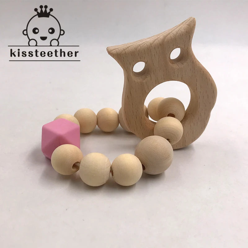 Kissteethe Wooden Baby Bracelet Animal Shaped Jewelry Teething for Organic Wood Silicone Beads Rattle Stroller Accessories Toys