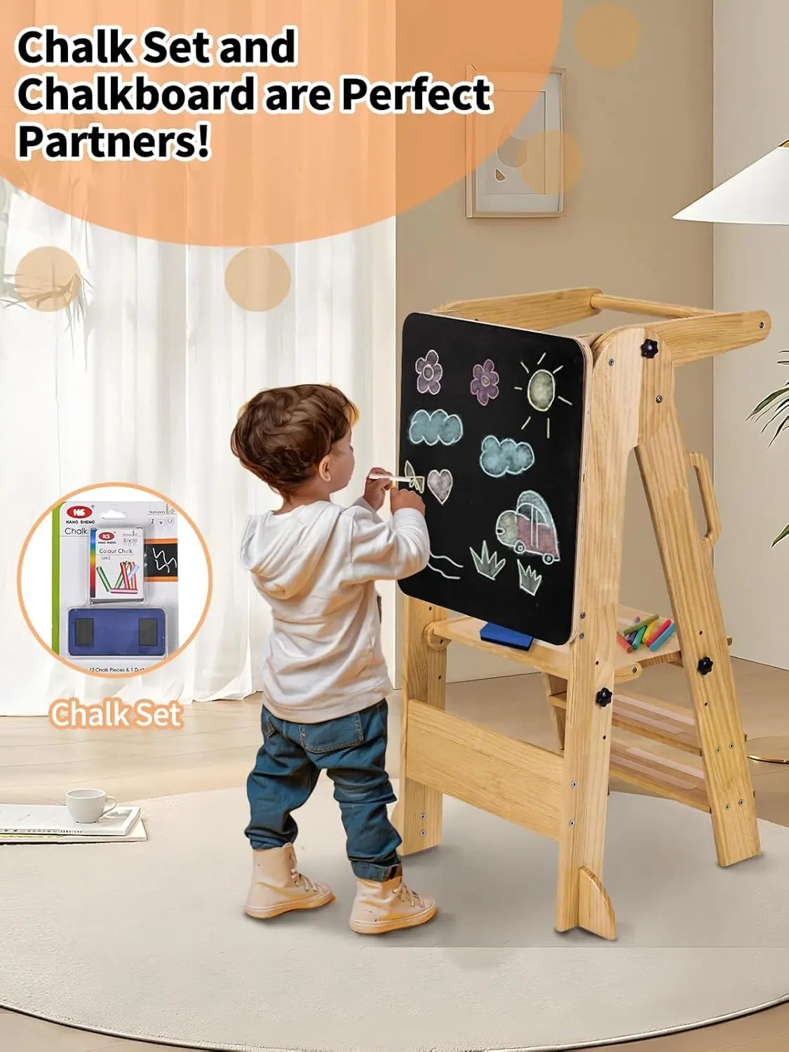 Adjustable Montessori Toddler Tower with Chalkboard - Foldable Step Stool for Ages 3-6