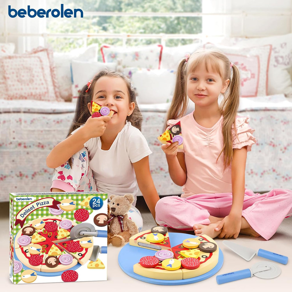 Wooden Pizza Toy Cutting Play Food Set Pretend Play | Kitchen Accessories Wood Cooking Toys for 3 4 5 Year Old Boys Girls