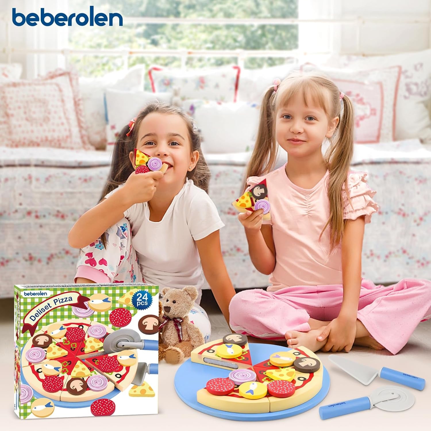 Wooden Pizza Toy Cutting Play Food Set Pretend Play | Kitchen Accessories Wood Cooking Toys for 3 4 5 Year Old Boys Girls