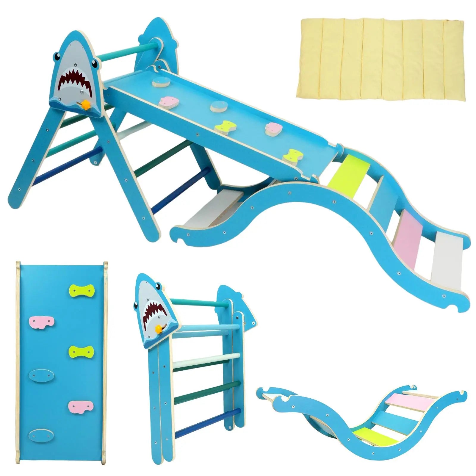 Pikler Triangle Set with Cushion - 9-in-1 Climbing Toys for Toddlers Aged 1-3, Indoor Montessori Playground with Maze, Shape Sorting Game, and Dinosaur Car