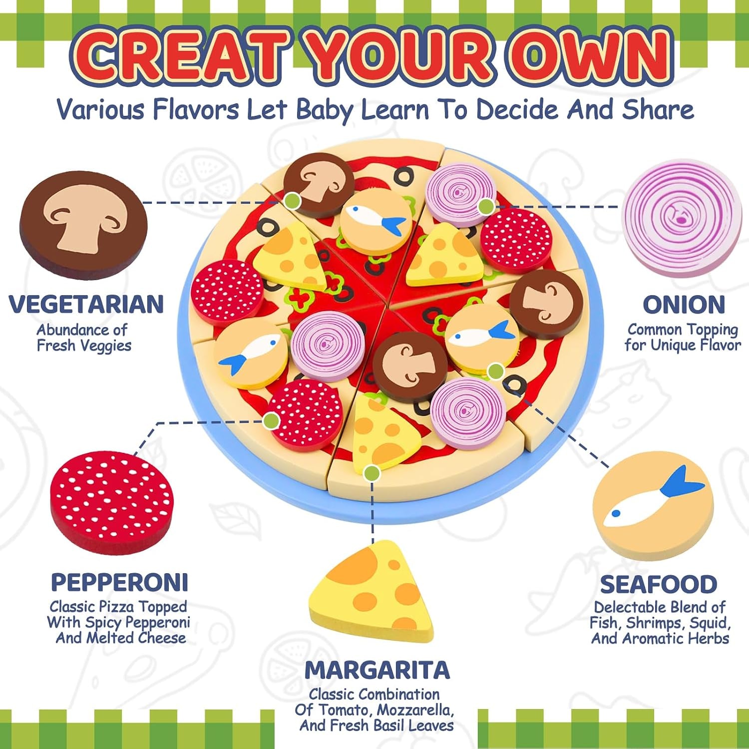 Wooden Pizza Toy Cutting Play Food Set Pretend Play | Kitchen Accessories Wood Cooking Toys for 3 4 5 Year Old Boys Girls