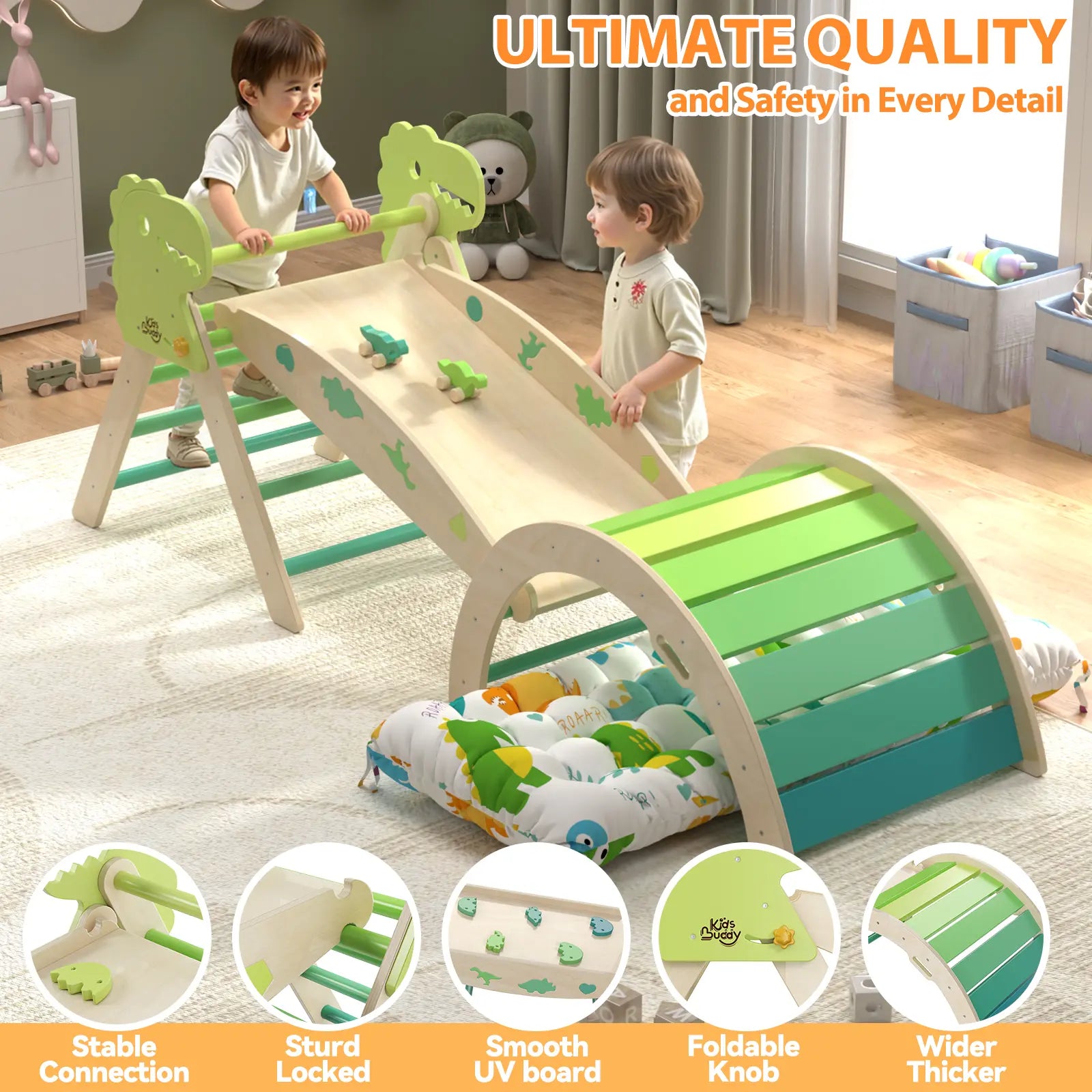 Pikler Triangle Set with Cushion - 9-in-1 Climbing Toys for Toddlers Aged 1-3, Indoor Montessori Playground with Maze, Shape Sorting Game, and Dinosaur Car
