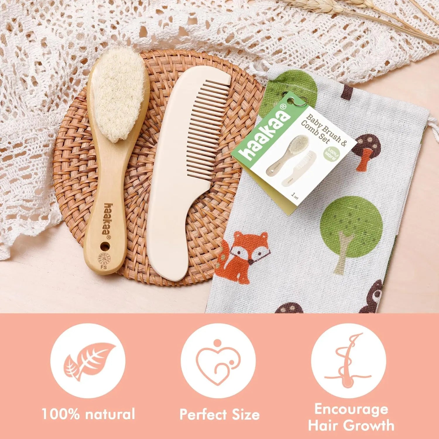 Haakaa Baby Hair Brush and Comb Set for Newborns and Toddlers - 2-Pack with Natural Soft Goat Bristles and Wooden Handle, Gentle Grooming for Cradle Cap, Ideal Gift for Babies