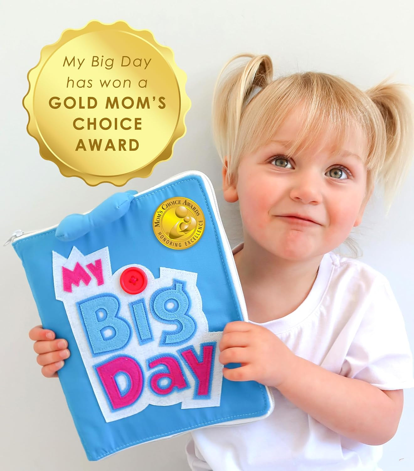 My Big Day Quiet Book, Fabric Busy Book for Travel (Blue) | 10 Interactive Pages, Color Matching, Counting, Buttons, Zippers, Buckles and Lacing, Book Zips Closed with Carry Handles