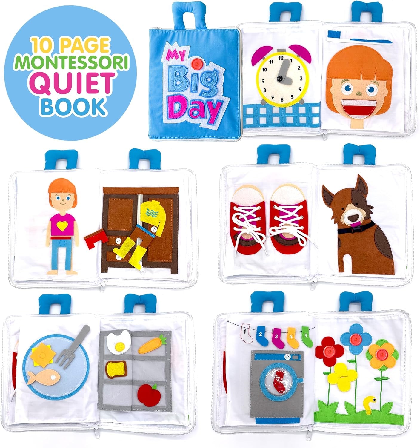 My Big Day Quiet Book, Fabric Busy Book for Travel (Blue) | 10 Interactive Pages, Color Matching, Counting, Buttons, Zippers, Buckles and Lacing, Book Zips Closed with Carry Handles