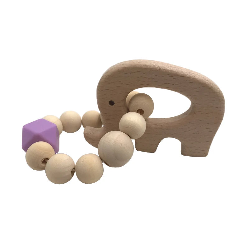 Kissteethe Wooden Baby Bracelet Animal Shaped Jewelry Teething for Organic Wood Silicone Beads Rattle Stroller Accessories Toys
