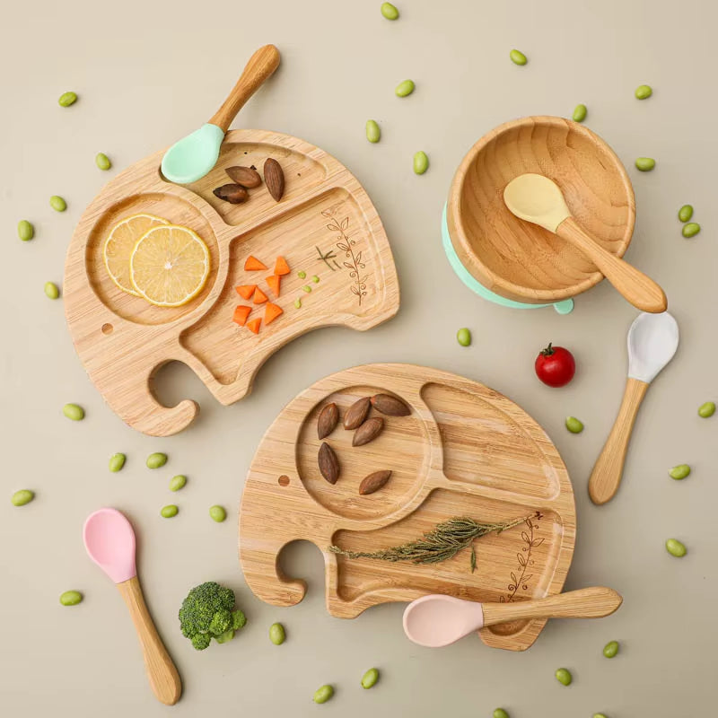 1PC Bamboo Wooden Dinnerware Baby Feeding Accessories Cartoon Animals Elephant Dinner Plate with Sucker Baby Products Gifts