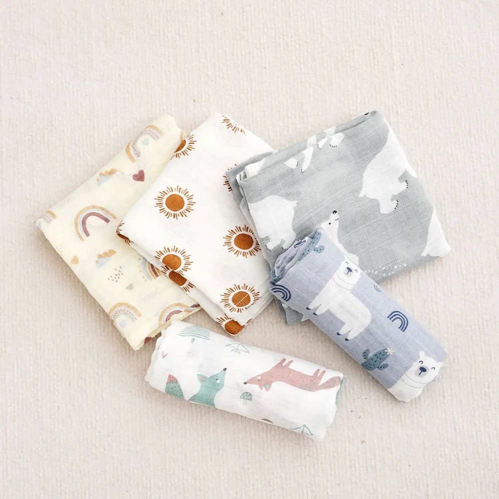 #My Soft Life# 5Pieces Set Bamboo Cotton Swaddle Blanket Baby Bandana Bib Set