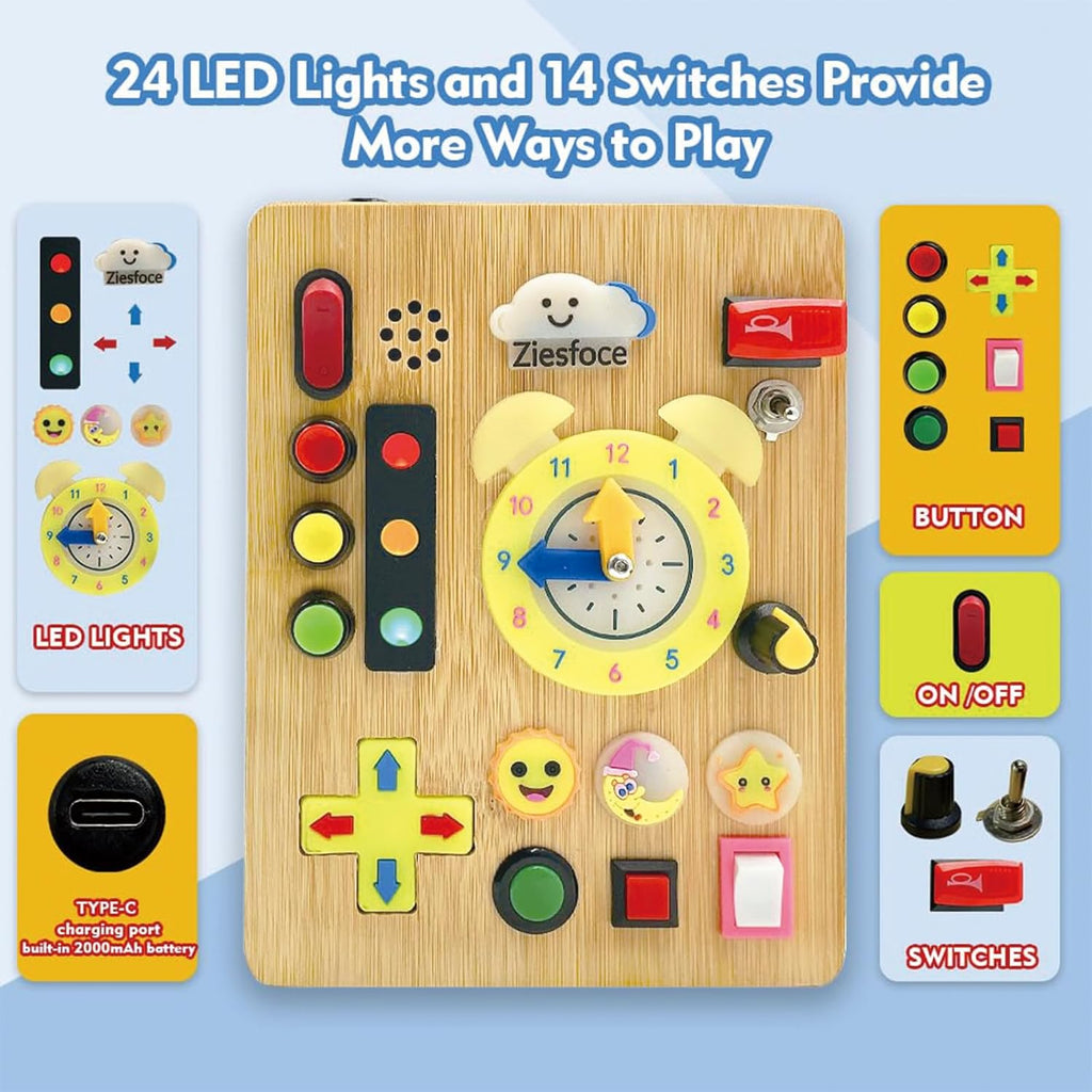 Montessori Toddler Busy Board, Wooden Rechargeable Sensory Board Educational Toy
