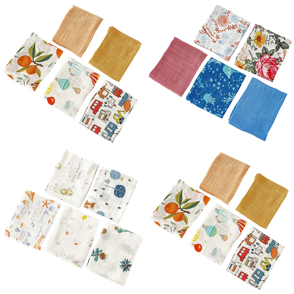 #My Soft Life# 5Pieces Set Bamboo Cotton Swaddle Blanket Baby Bandana Bib Set