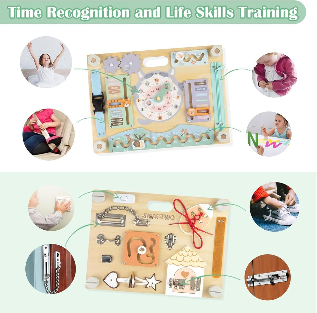 Double Sided Montessori Busy Board for Toddlers Wooden Sensory Toy Toddler Baby