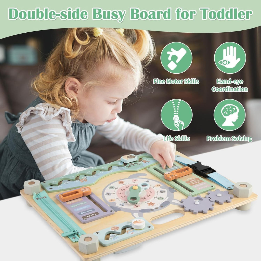 Double Sided Montessori Busy Board for Toddlers Wooden Sensory Toy Toddler Baby