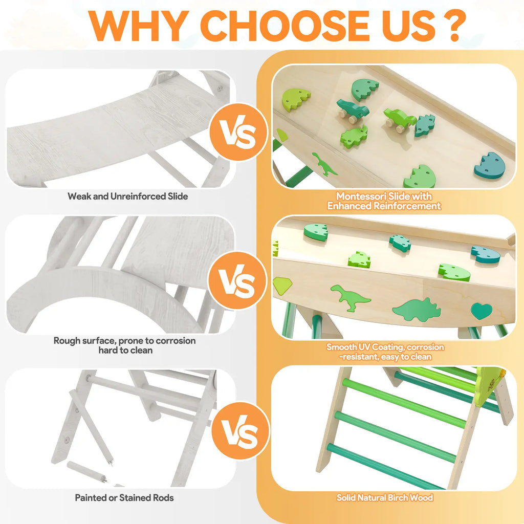 Pikler Triangle Set with Cushion - 9-in-1 Climbing Toys for Toddlers Aged 1-3, Indoor Montessori Playground with Maze, Shape Sorting Game, and Dinosaur Car
