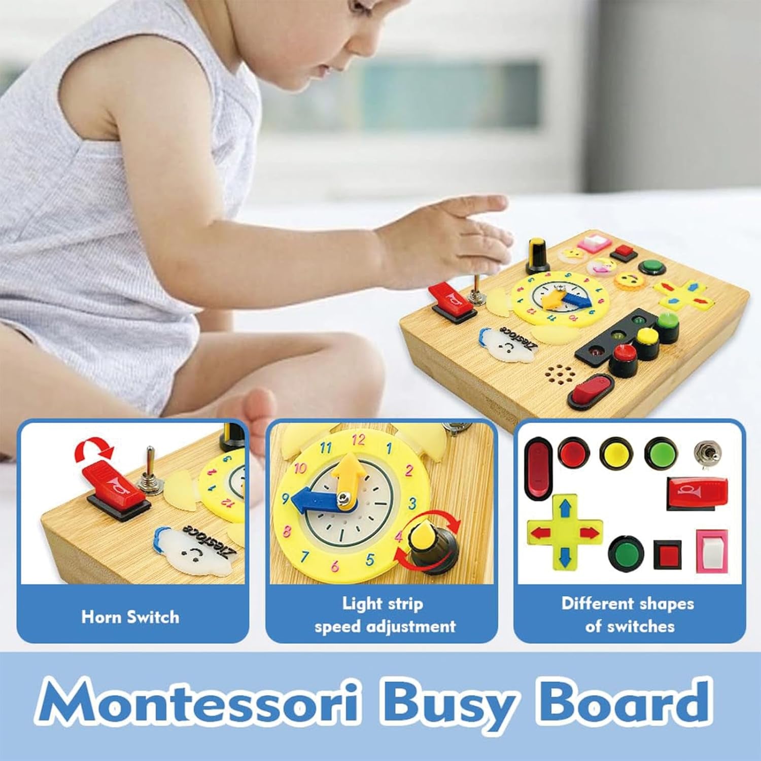 Montessori Toddler Busy Board, Wooden Rechargeable Sensory Board Educational Toy