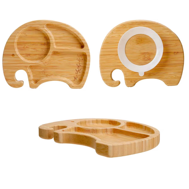 1PC Bamboo Wooden Dinnerware Baby Feeding Accessories Cartoon Animals Elephant Dinner Plate with Sucker Baby Products Gifts