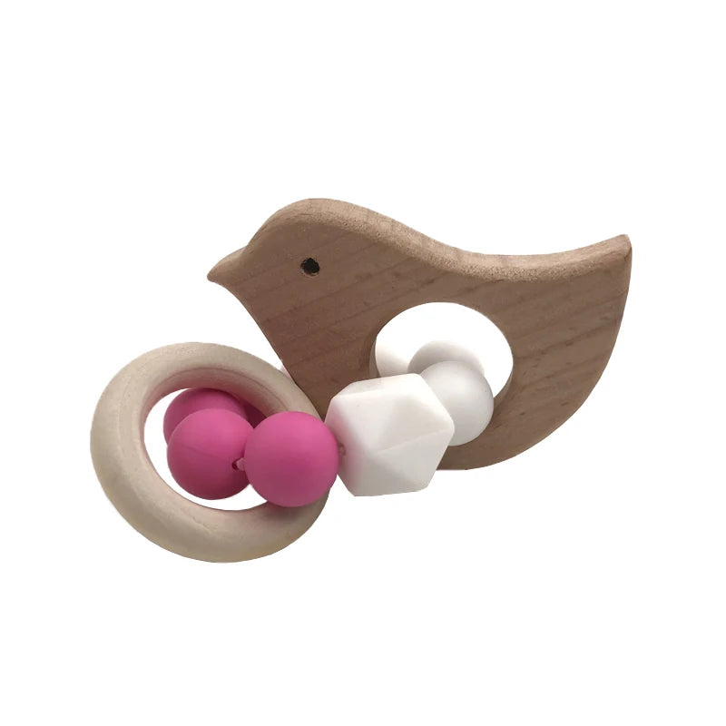 Kissteethe Wooden Baby Bracelet Animal Shaped Jewelry Teething for Organic Wood Silicone Beads Rattle Stroller Accessories Toys