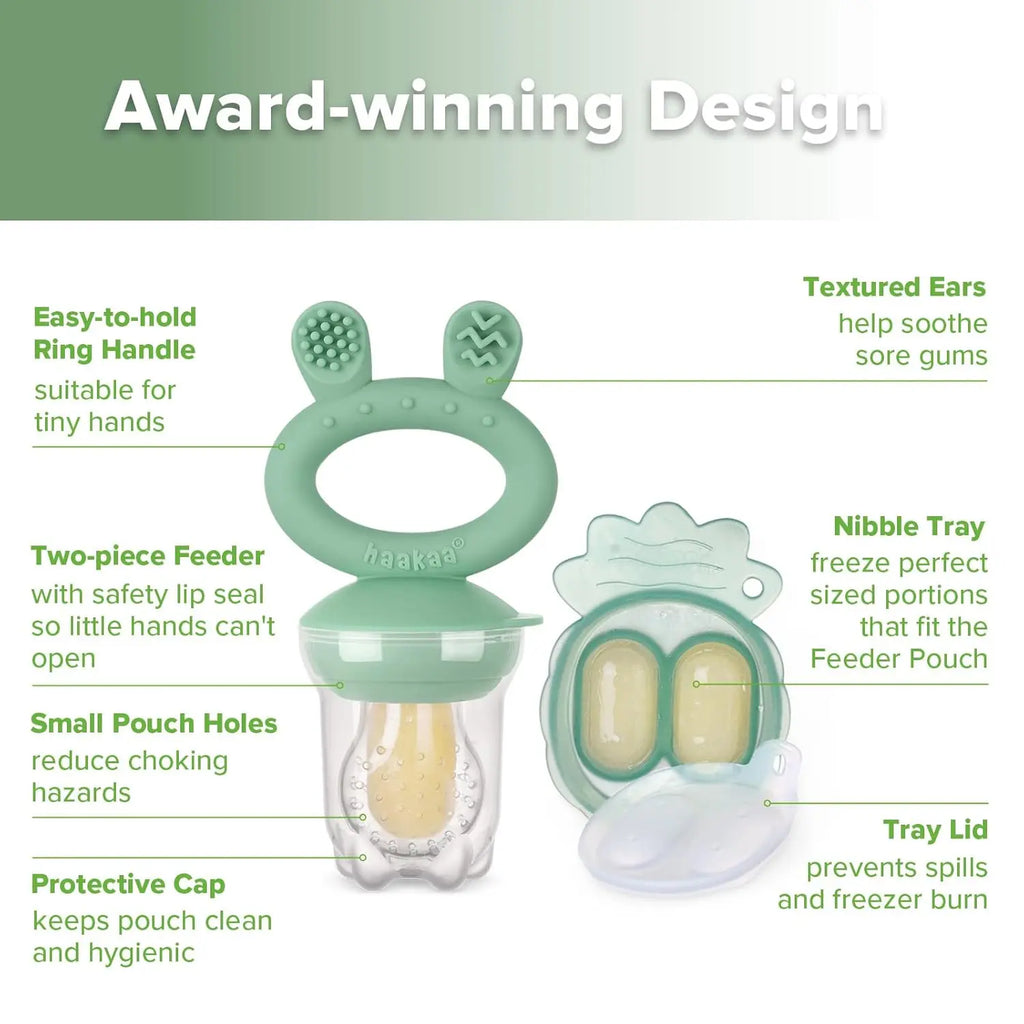 Haakaa Baby Fruit Food Feeder & Mini Freezer Nibble Tray Combo, 4 Month+ (Pea Green)