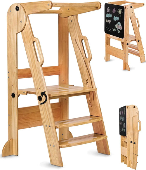 Adjustable Montessori Toddler Tower with Chalkboard - Foldable Step Stool for Ages 3-6